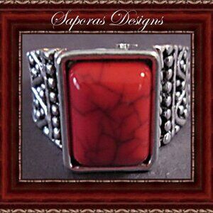 Tibetan Silver & Red Turquoise Size 10 Ring Native Ethnic Tribal Bohemian Design